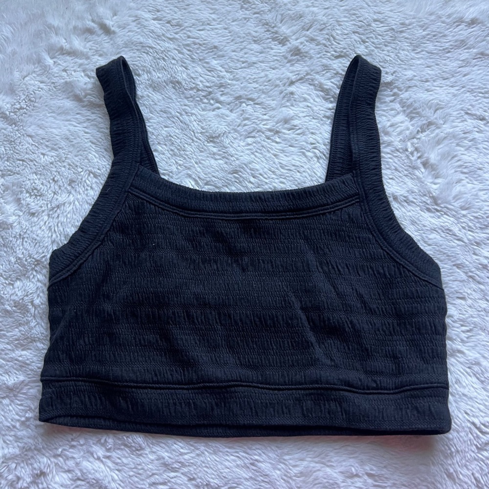 American Eagle Women Black Smocked Square Neck Crop Top Medium Sleeveless Summer